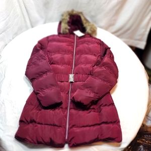 Hanton Wine Colored Faux Fur Lined 3/4 Length Belted Puffer Jacket